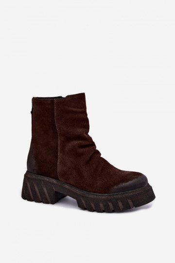 Braune gefütterte Velourslederstiefel mit Rüschen Zazoo 60590