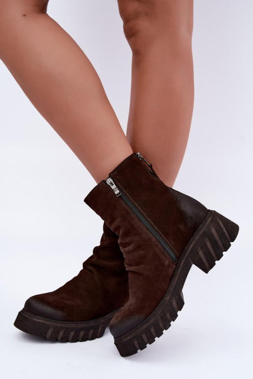 Braune gefütterte Velourslederstiefel mit Rüschen Zazoo 60590