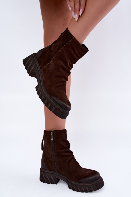 Braune gefütterte Velourslederstiefel mit Rüschen Zazoo 60590