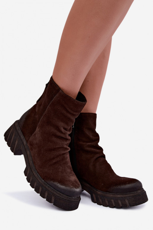 Braune gefütterte Velourslederstiefel mit Rüschen Zazoo 60590