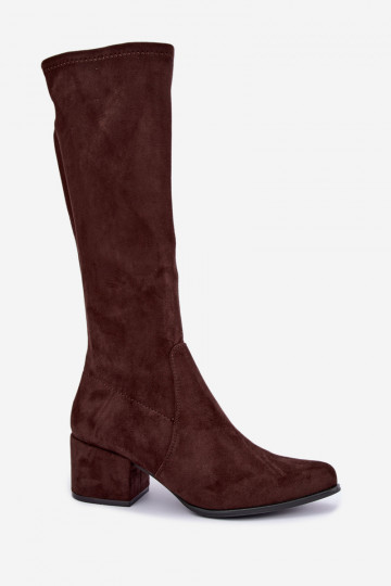 Damenstiefel bis zum Knie mit flachen Absätzen in Schokoladenfarbe aus Kunstveloursleder Sergio Leone KZ212
