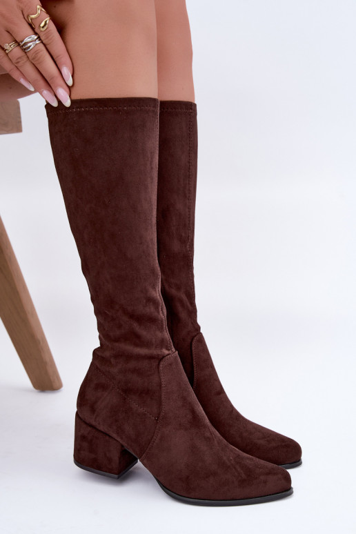 Damenstiefel bis zum Knie mit flachen Absätzen in Schokoladenfarbe aus Kunstveloursleder Sergio Leone KZ212
