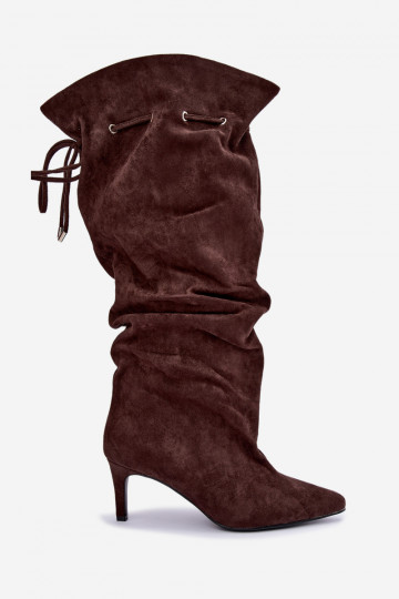 wärmende Stiefel zum Hineinschlüpfen bis zum Knie mit dünnen Absätzen und stilvollen Details in Schokoladenfarbe Tivelle 2