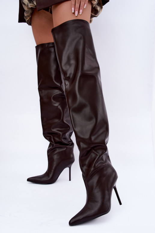 Damenstiefel bis zum Knie mit dünnen Absätzen über dem Knie in Schokoladenfarbe Aderelle