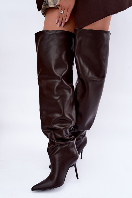 Damenstiefel bis zum Knie mit dünnen Absätzen über dem Knie in Schokoladenfarbe Aderelle
