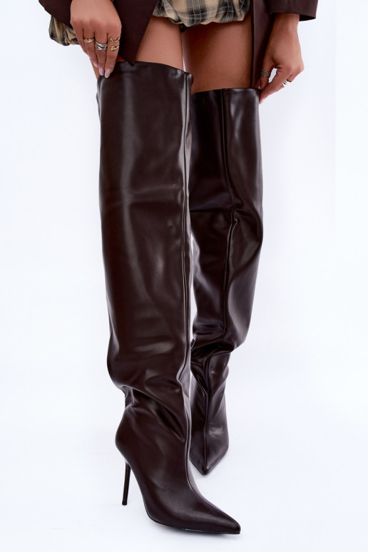 Damenstiefel bis zum Knie mit dünnen Absätzen über dem Knie in Schokoladenfarbe Aderelle