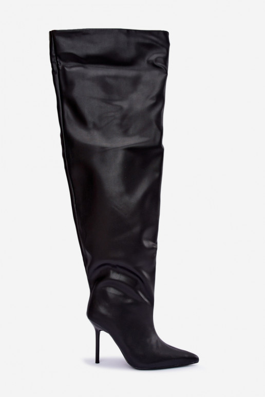 Damenstiefel bis zum Knie mit dünnen Absätzen über dem Knie in schwarzer Farbe Aderelle