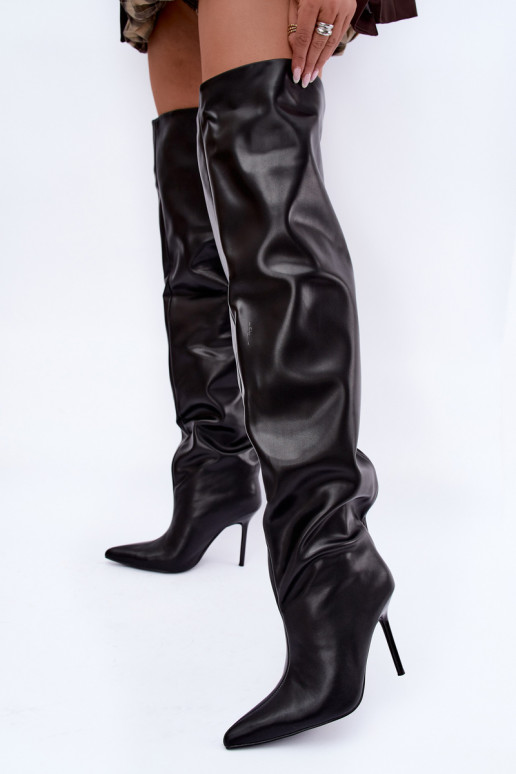 Damenstiefel bis zum Knie mit dünnen Absätzen über dem Knie in schwarzer Farbe Aderelle