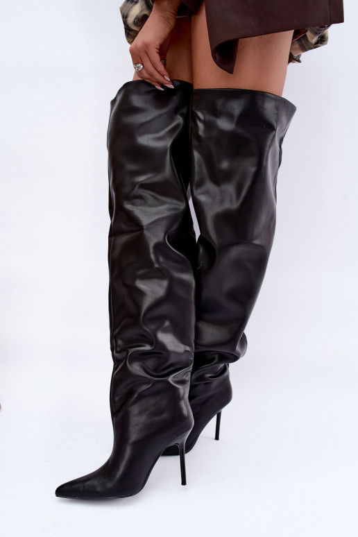 Damenstiefel bis zum Knie mit dünnen Absätzen über dem Knie in schwarzer Farbe Aderelle