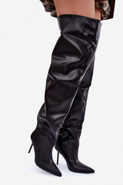 Damenstiefel bis zum Knie mit dünnen Absätzen über dem Knie in schwarzer Farbe Aderelle