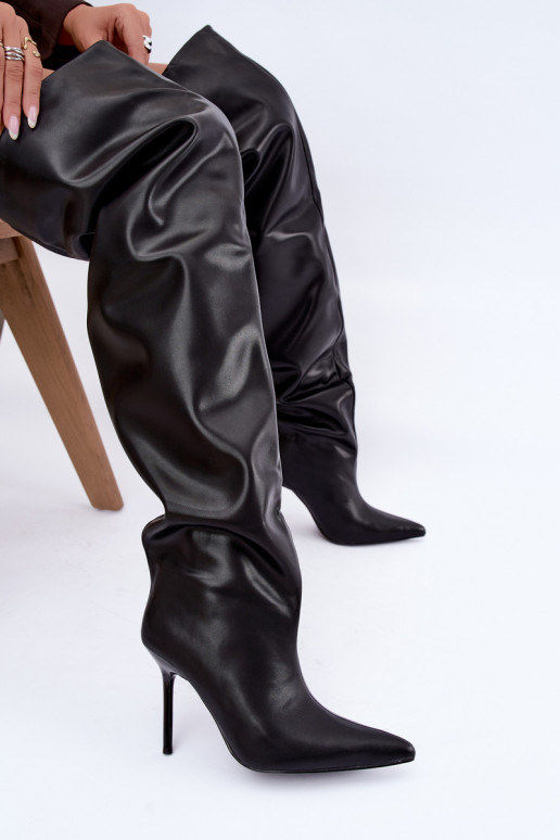Damenstiefel bis zum Knie mit dünnen Absätzen über dem Knie in schwarzer Farbe Aderelle
