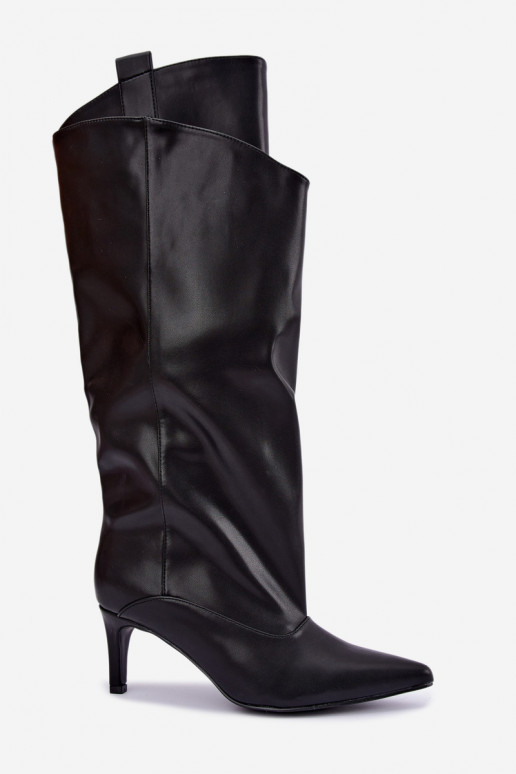wärmende Stiefel bis zum Knie mit Rüschen und dünnen Absätzen in schwarzer Farbe Emerine
