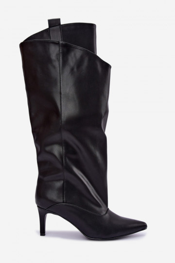 wärmende Stiefel bis zum Knie mit Rüschen und dünnen Absätzen in schwarzer Farbe Emerine 2