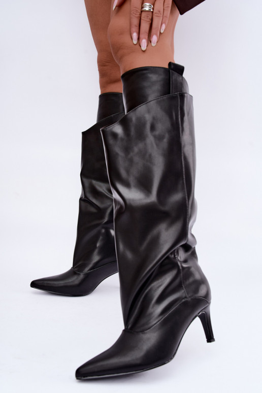 wärmende Stiefel bis zum Knie mit Rüschen und dünnen Absätzen in schwarzer Farbe Emerine