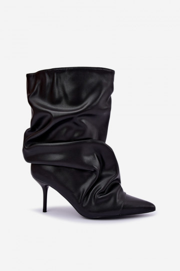 geknitterte warme Schlüpfschuh-Stiefeletten mit dünnen Absätzen in schwarzer Farbe aus Kunstleder Greselle