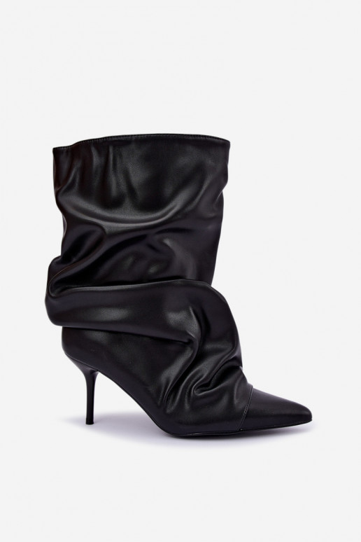 geknitterte warme Schlüpfschuh-Stiefeletten mit dünnen Absätzen in schwarzer Farbe aus Kunstleder Greselle