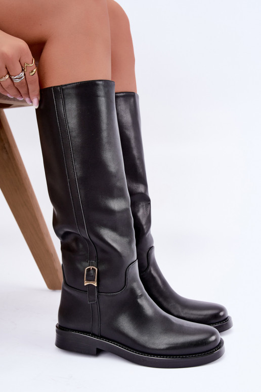 Stiefel bis zum Knie mit Schnallen und breiten Absätzen in schwarzer Farbe Ismerelle