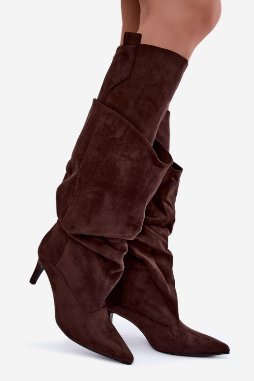 wärmende Stiefel bis zum Knie mit Rüschen und dünnen Absätzen in Schokoladenfarbe Emerine