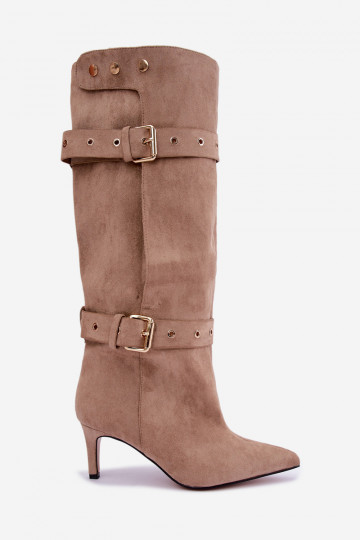 Schlüpfschuh-Stiefel bis zum Knie mit dünnen Absätzen, Riemen und Schnallen in sandfarbener Farbe Isabeau 2