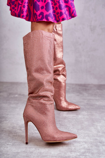 Rosa High Heels Stiefel mit glänzenden Ösen Lovisa 2