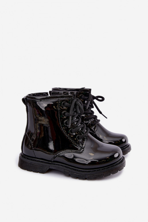 Gefütterte Kinder-Stiefeletten mit Lackeffekt, aus Kunstleder, mit Reißverschlüssen, schwarz Omua