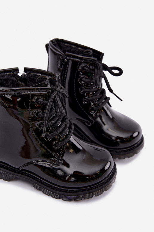 Gefütterte Kinder-Stiefeletten mit Lackeffekt, aus Kunstleder, mit Reißverschlüssen, schwarz Omua