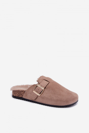 Damen Clogs mit Fell innen und Schnallen in Sand Tamera