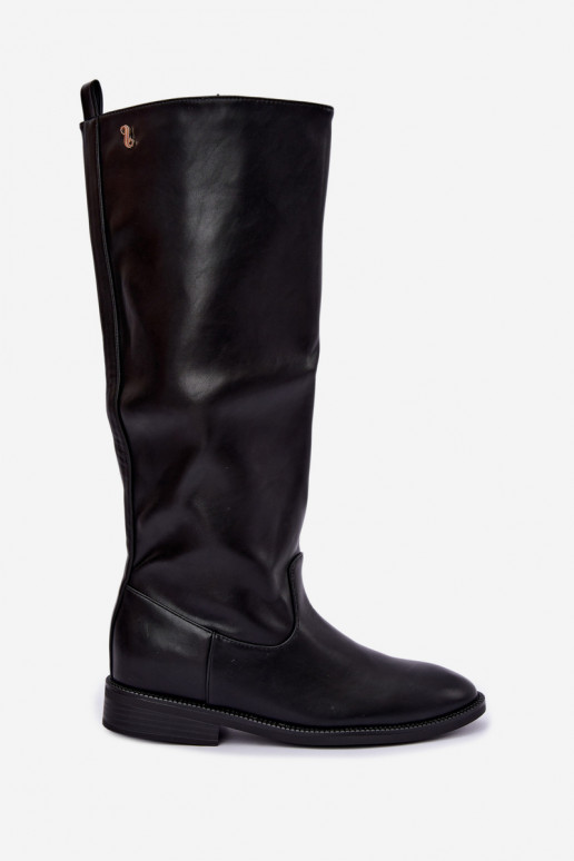 Warmen kniehohe Stiefel mit breiten Absätzen und Rüschen in schwarzer Odelira