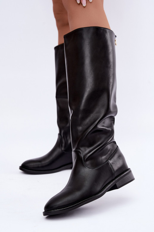Warmen kniehohe Stiefel mit breiten Absätzen und Rüschen in schwarzer Odelira