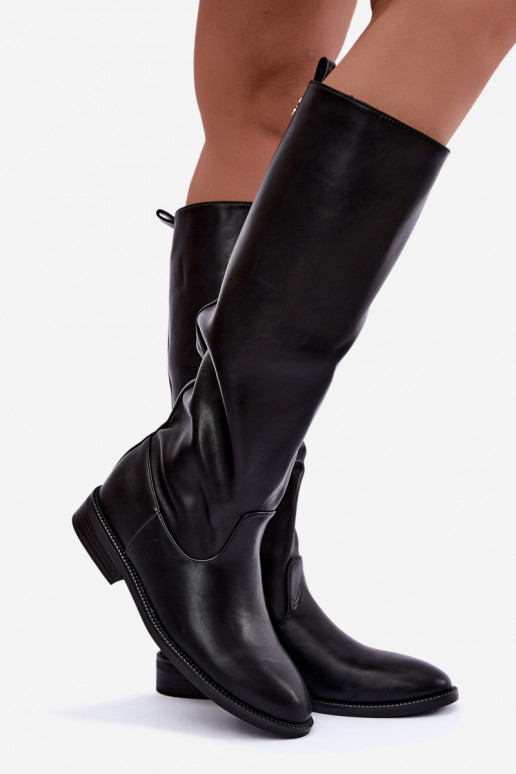 Warmen kniehohe Stiefel mit breiten Absätzen und Rüschen in schwarzer Odelira
