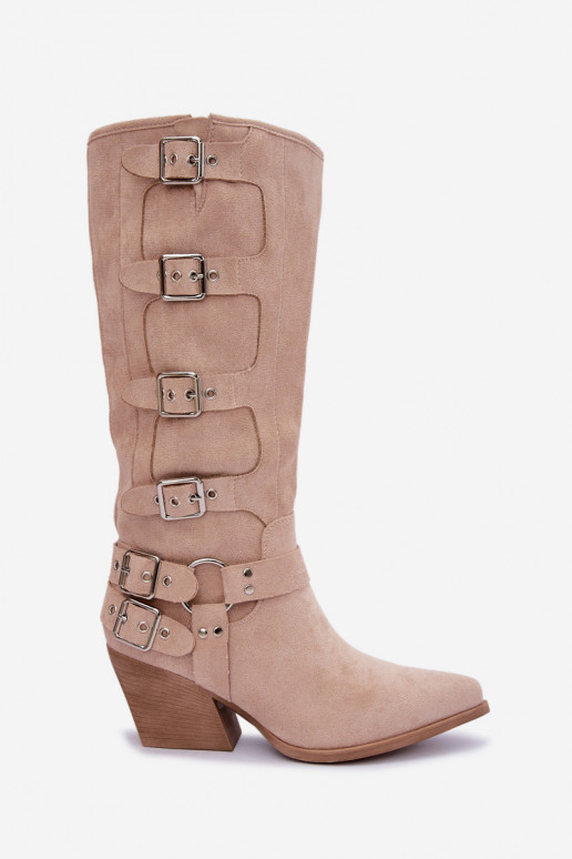Knöchelhohe Cowboy-Stiefel mit Absatz und Schnallen in elfenbeinfarbener Fivelle