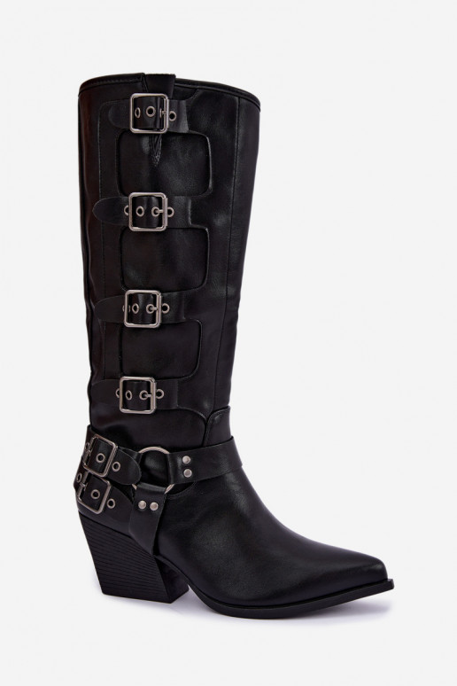 Knöchelhohe Cowboy-Stiefel mit Absatz und Schnallen aus schwarzem Kunstleder Fivelle