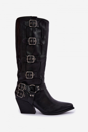 Knöchelhohe Cowboy-Stiefel mit Absatz und Schnallen aus schwarzem Kunstleder Fivelle 2