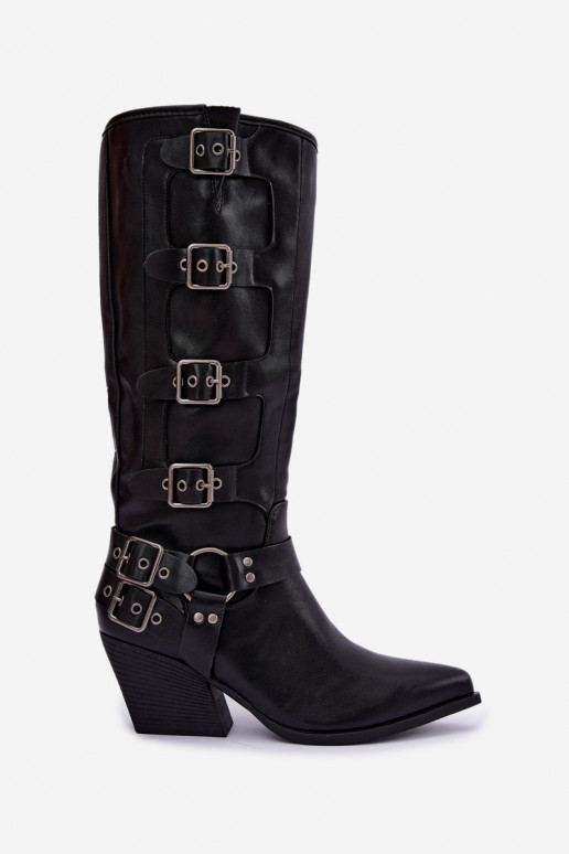 Knöchelhohe Cowboy-Stiefel mit Absatz und Schnallen aus schwarzem Kunstleder Fivelle