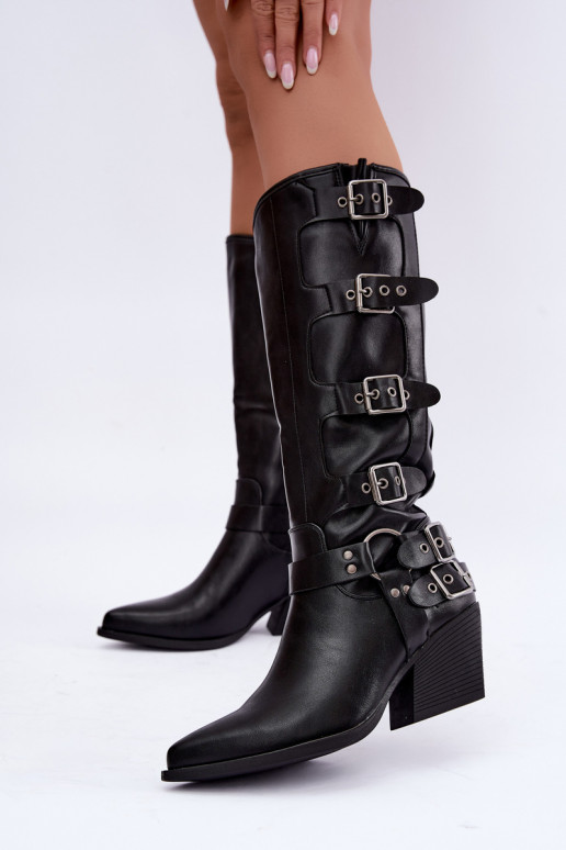 Knöchelhohe Cowboy-Stiefel mit Absatz und Schnallen aus schwarzem Kunstleder Fivelle