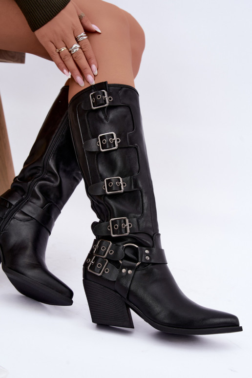 Knöchelhohe Cowboy-Stiefel mit Absatz und Schnallen aus schwarzem Kunstleder Fivelle