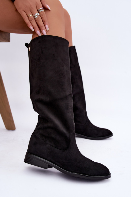 Warmen kniehohe Stiefel mit breiten Absätzen und Rüschen aus schwarzem Kunstveloursleder Odelira