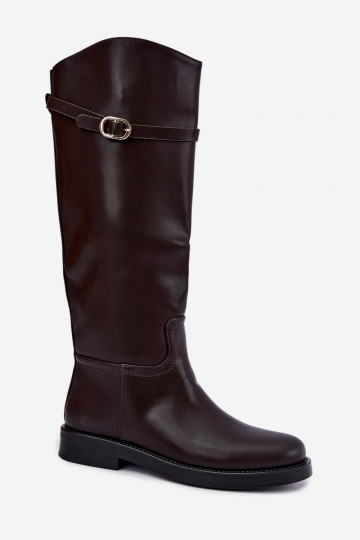 Damenstiefel mit breiten Absätzen mit Riemen I Złotą mit Schnallen CzekoladoZue Sylvena