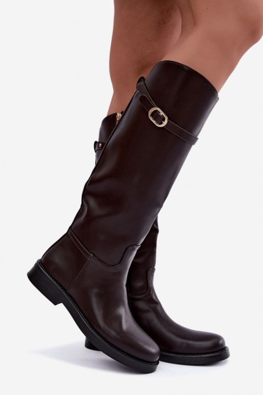 Damen kniehohe Stiefel mit breiten Absätzen und Riemen mit Schnallen in schokoladenfarbener Sylvena