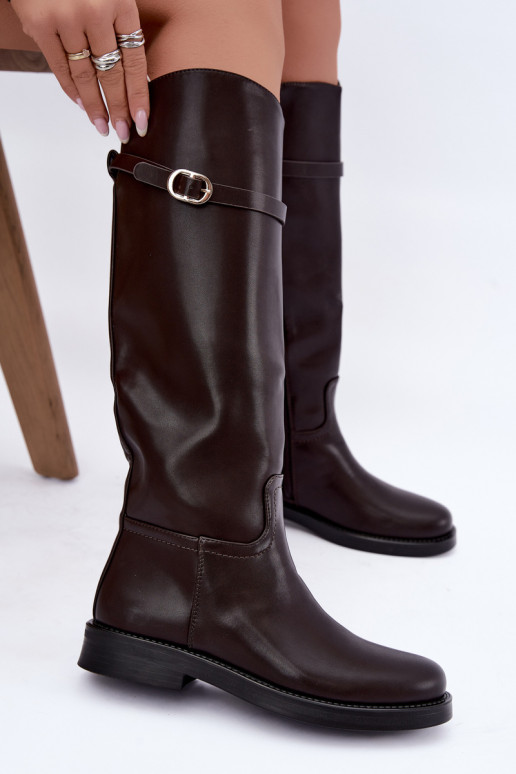Damen kniehohe Stiefel mit breiten Absätzen und Riemen mit Schnallen in schokoladenfarbener Sylvena