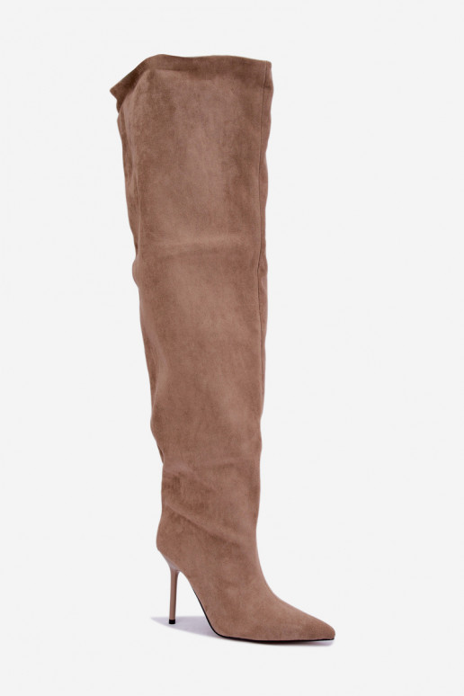 Damen kniehohe Stiefel mit schmalen Absätzen in Sandfarbe Aderelle