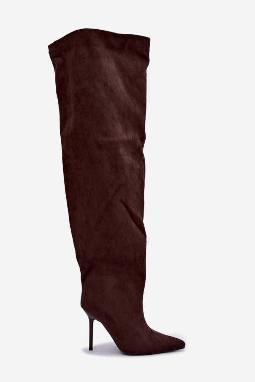 Damenstiefel mit dünnen Absätzen oberhalb des Knies braune Farbe Aderelle