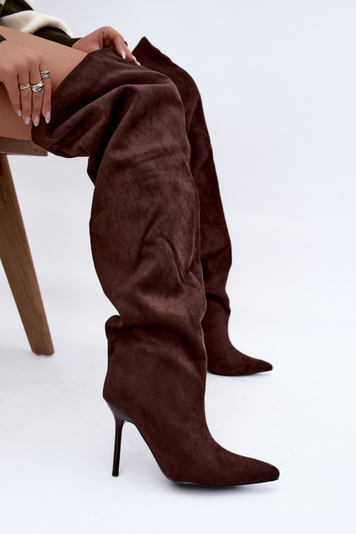 Damen kniehohe Stiefel mit schmalen Absätzen in brauner Farbe Aderelle