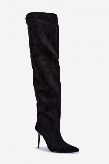Damenstiefel mit dünnen Absätzen oberhalb des Knies schZuarze Farbe Aderelle