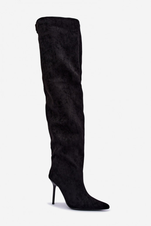Damenstiefel mit dünnen Absätzen oberhalb des Knies schZuarze Farbe Aderelle