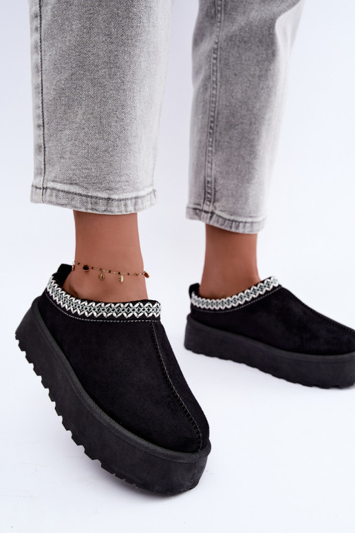 Damen niedrige Schneestiefel mit bestickten Blumen und Plattform in schwarzer Farbe Įjungtarirya