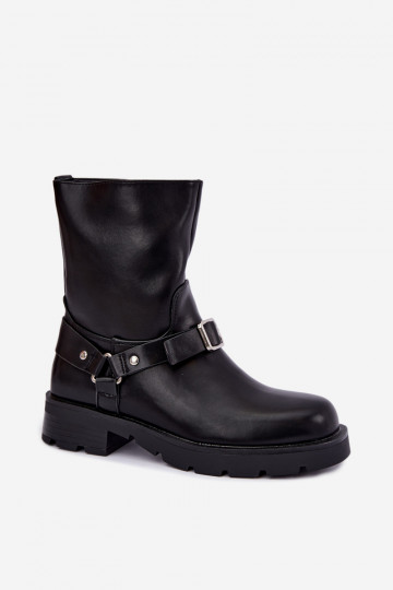 Wärmende Damen Stiefeletten mit Riemen und Schnallen in schwarzer Farbe Delmora