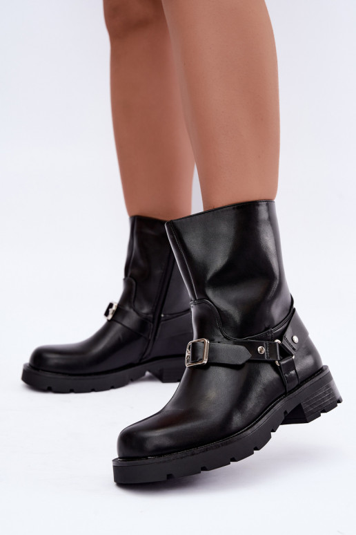 Wärmende Damen Stiefeletten mit Riemen und Schnallen in schwarzer Farbe Delmora