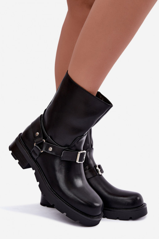 Wärmende Damen Stiefeletten mit Riemen und Schnallen in schwarzer Farbe Delmora