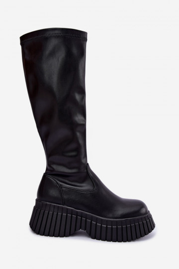 Schwarze kniehohe Stiefel mit Plattform Haldora 2